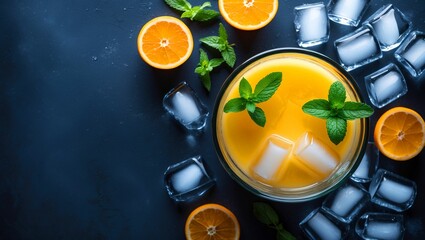 Refreshing orange juice with mint and ice