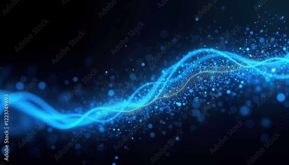 Aufkleber Abstract futuristic illustration. Blue light beam in motion. Glowing lines and dots. Dynamic wave form. Modern tech concept. Futuristic abstract background. Elegant design. Particle motion.