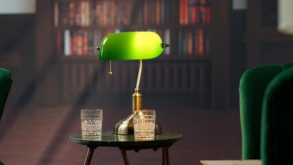 Elegant vintage library with green armchairs and classic decor creates a sophisticated upscale...