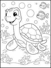 Illustration of a cute baby turtle cartoon character. Black and white Printable underwater coloring page for kids.
