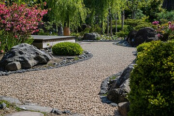 Obraz premium Serene Japanese garden path winding through lush greenery and vibrant flowers, inviting tranquility
