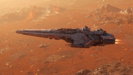 Futuristic spacecraft scouting red planet for resources