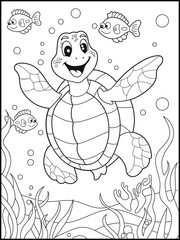 Illustration of a cute baby turtle cartoon character. Black and white Printable underwater coloring page for kids.
