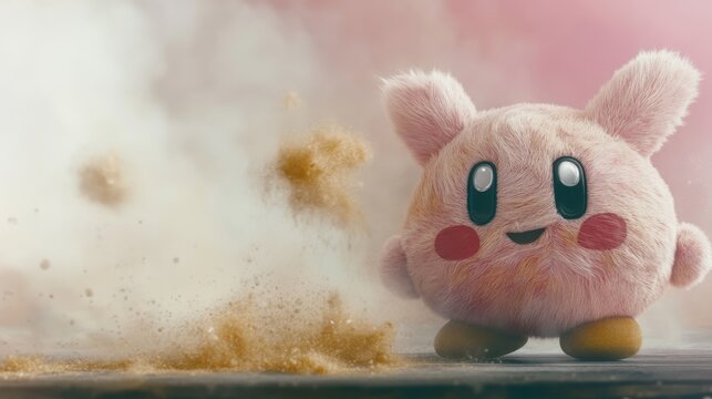 This vibrant fluffy character stands amidst a whimsical, dreamy atmosphere, showcasing its charm and playful nature surrounded by sparkling particles and soft colors.