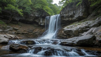 Obraz premium Majestic waterfall cascading over rocky streambed