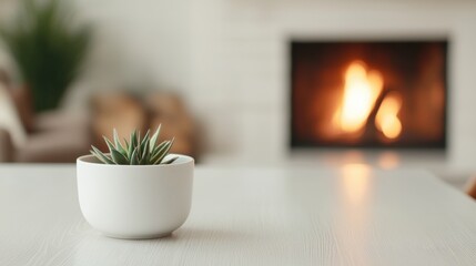 Fototapeta premium Small succulent plant on white table with fireplace burning in background