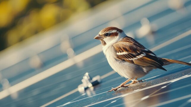 A small brown bird rests on a solar panel