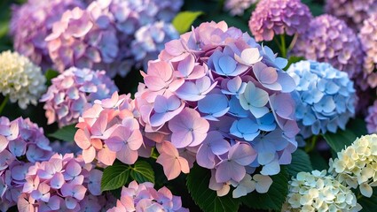 Obraz premium Hydrangeas in soft hues create a vibrant backdrop