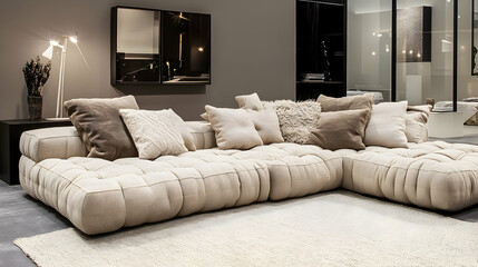 Elegant beige sectional sofa with fluffy pillows and soft knit throw, calm decor