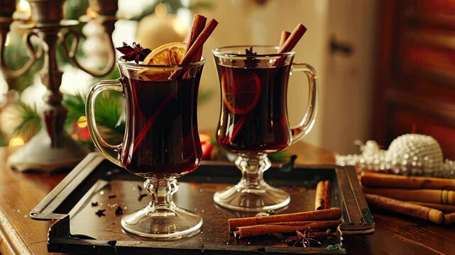 Two glasses of mulled wine, A traditional hot drink synonymous with Christmas time, Ai Generated