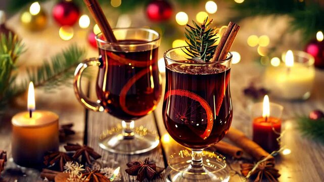 Two glasses of mulled wine, A traditional hot drink synonymous with Christmas time, Ai Generated