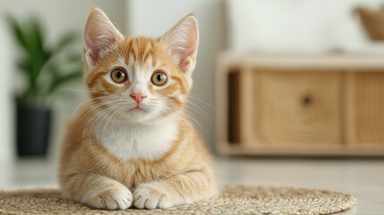 Cute red kitten lying on a rug in a modern living room