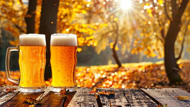 Two mugs of beer resting on a wooden table against a scenic autumn backdrop, Ai Generated
