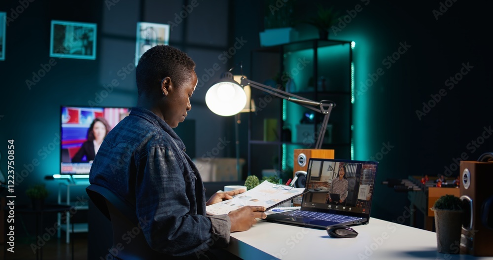 Poster employee working from home doing business meeting videocall with manager requesting to see financial