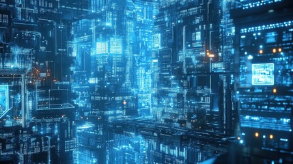Fototapeta premium Abstract Digital Cityscape Illuminated By Blue Light