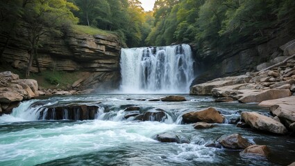 Fototapeta premium Flowing water cascades over rocks into a majestic waterfall
