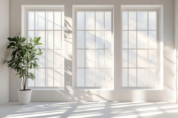 Sunlit minimalist room with potted plant and three large windows.