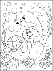 Illustration of a cute baby turtle and dolphin cartoon characters. Black and white Printable underwater coloring page for kids.
