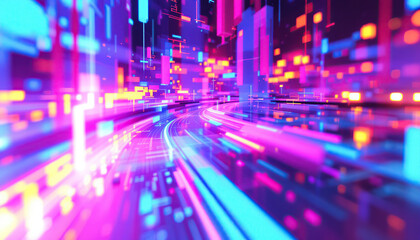 Fototapeta premium Neon Cityscape Lightspeed Travel Through Digital Space