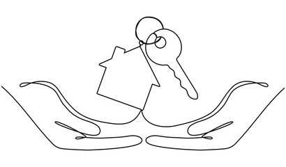 Hands hold key with house continuous one line art drawing. Real estate concept. Vector illustration isolated on white.