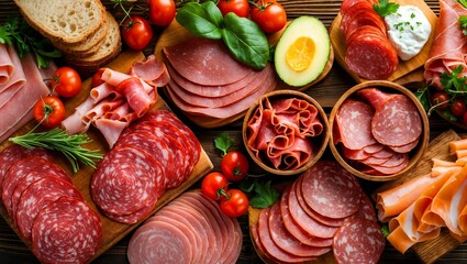 Delicious variety of deli meats on wooden board
