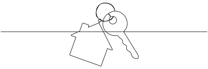 Key with house continuous one line art drawing. Private security symbol. Real estate concept. Vector illustration isolated on white.