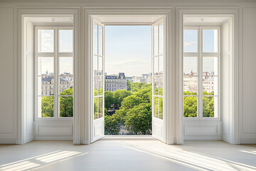 Fototapeta premium Bright room with French doors and windows showcasing a cityscape and park.