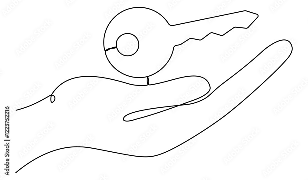 Aufkleber continuous line drawing hand with key. private security symbol. vector illustration isolated on whit