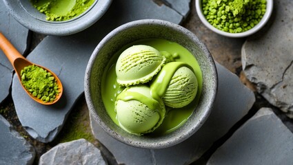 Delicious matcha ice cream in elegant bowl