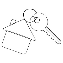 Key with house continuous one line art drawing. Private security symbol. Real estate concept. Vector illustration isolated on white.