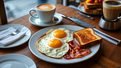 Fototapeta premium Delicious morning breakfast with fried eggs and bacon