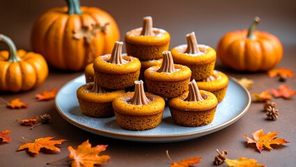 Delicious mini pumpkin cakes on rustic brown plate