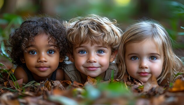 A cheerful group multicultural children looks up at the camera from a park, their faces bright with happiness and friendship.