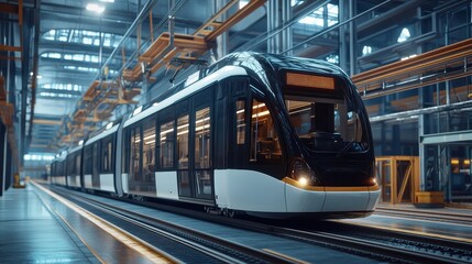 Fototapeta premium Modern Electric Train Inside A Factory Building