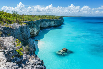Fototapeta premium Serene coastal landscape featuring turquoise waters, rocky cliffs, and a clear blue sky under clouds