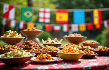 Outdoor buffet table displays variety of international dishes. Colorful food dishes showcase global cuisines. National flags flutter in background. Event celebration atmosphere. Vibrant food,