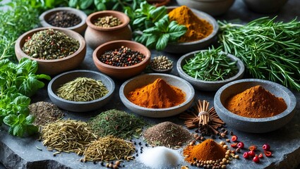 Fototapeta premium Colorful assortment of herbs and spices for cooking