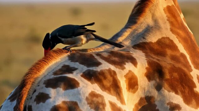 Extreme closeup shot of an oxpecker bird on giraffe body.