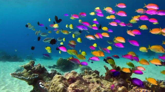 Group of small colorful fish swimming in the red sea