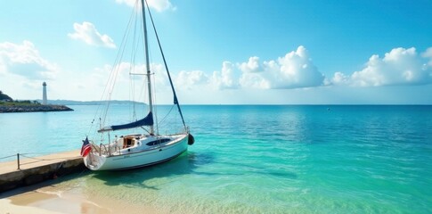 Small sailboat docked in the port's shallow waters, sailboat, dock