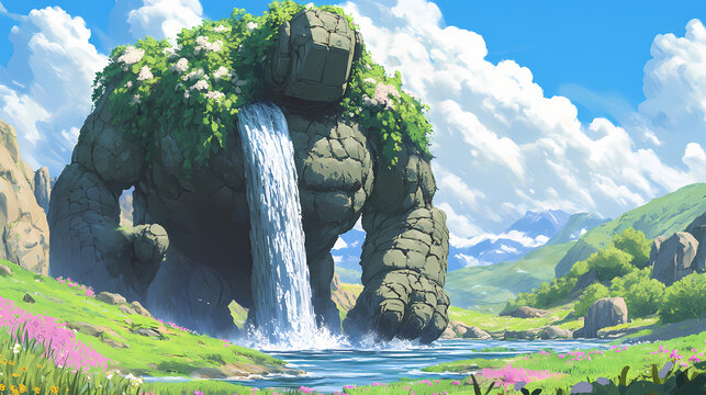 Earth golem with a waterfall cascading down its back in a serene valley. Waterfall Valley. Illustration