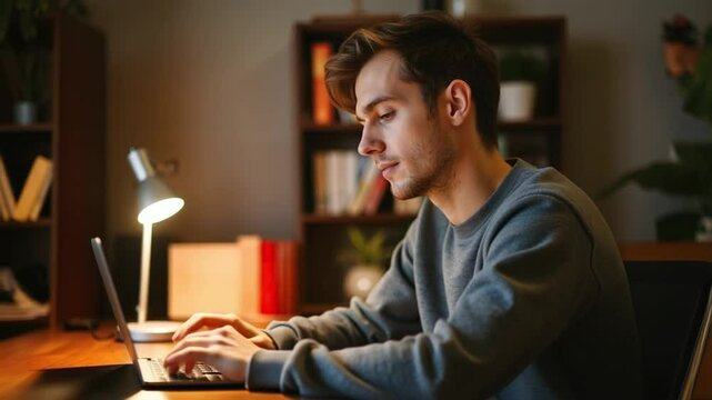 Male college student studying and completing assignments on his laptop at home