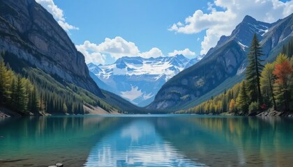 Serene Mountain Lake Reflection: Breathtaking Autumn Scenery in the Canadian Rockies
