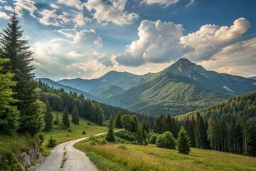 Fototapeta premium Scenic mountain road winding through lush green valley under a partly cloudy sky.