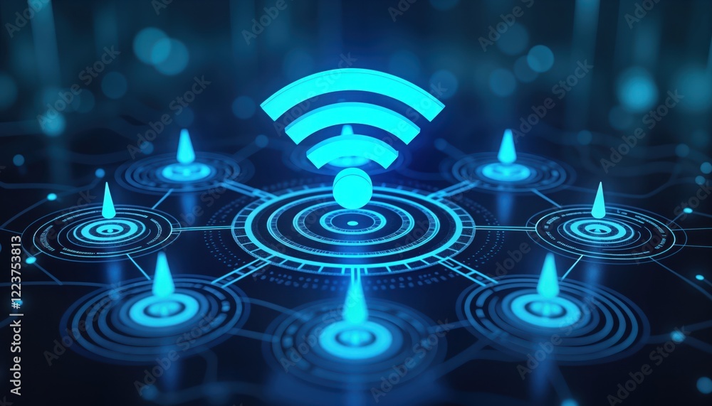 Aufkleber Modern wifi tech network. Wifi signal spreads, connects various devices. Tech illustration shows digital connectivity system. Network design with modern security elements, protected tech system. Data