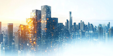 Futuristic urban landscape with light effects and warm reflections in blue and gold tones. Generated with AI.