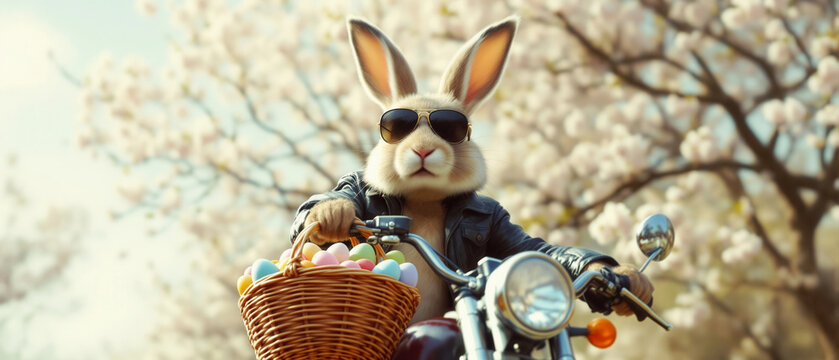 Cute easter bunny biker with copy space