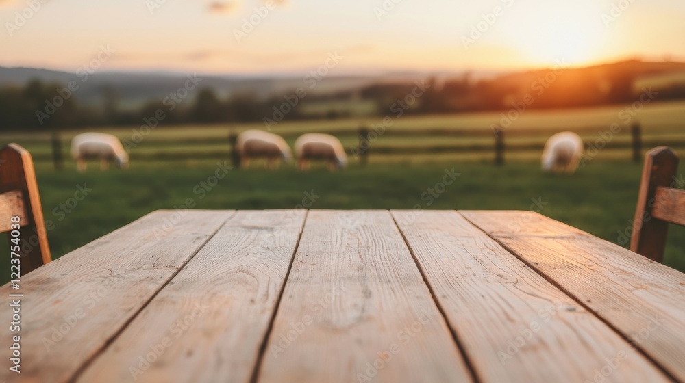 Poster empty wooden table inviting you to enjoy the sunset view of grazing sheep