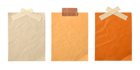 A set of three crumpled paper sheets in beige and orange tones, attached with adhesive tape on a transparent background. Ideal for design projects, scrapbooking, or presentations. PNG
