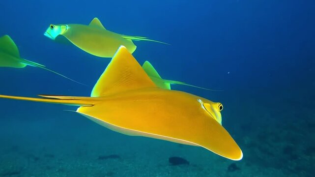 Slow motion shot of a group of Golden cownose ray fish swimming